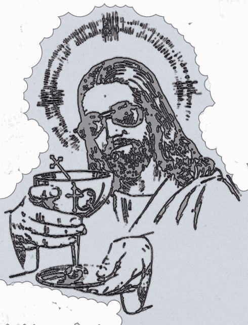 a black and white drawing of jesus holding a glass
