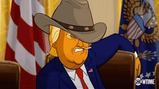 a cartoon of donald trump wearing a cowboy hat and smoking a cigarette