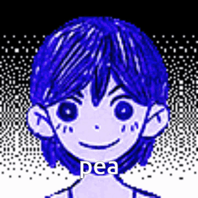 a pixel art drawing of a boy with blue hair and the word pea written on it .