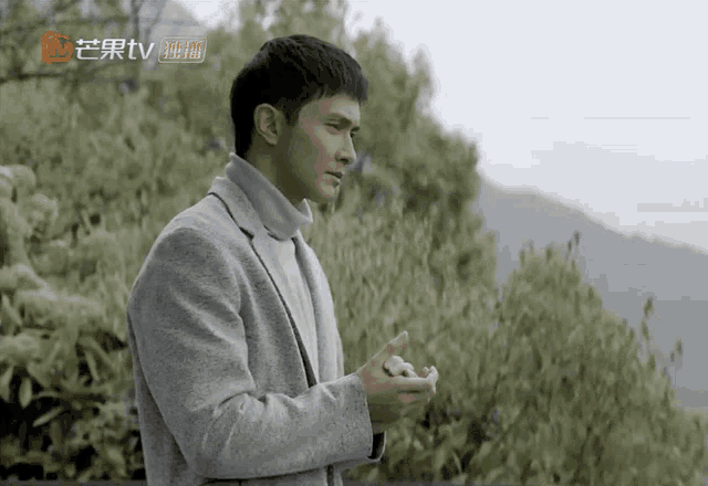 a man in a gray coat is standing in front of trees and mountains with a tv logo above him