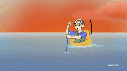 a cartoon of a man in a boat with the words adult swim below