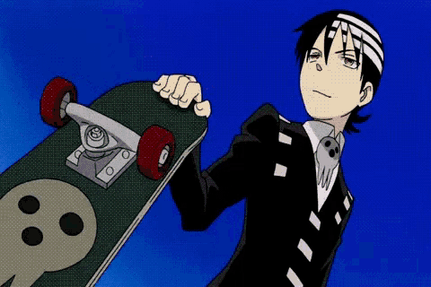 a cartoon character is holding a skateboard with a skull on the front