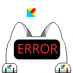 a pixel art drawing of a cat with an error sign on its head
