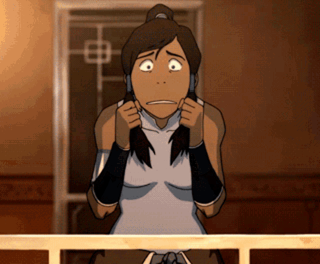 a cartoon character with a surprised look on her face stands in front of a door