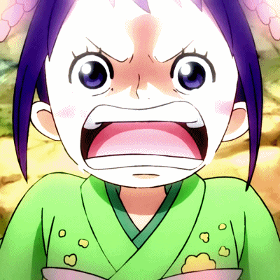a girl with purple hair is wearing a green kimono and making a funny face