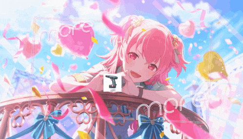 a girl with pink hair is leaning on a railing and the word more is visible