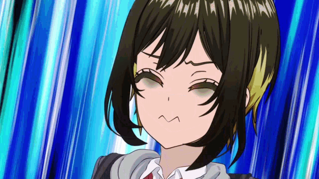 a girl with short hair is making a funny face with her eyes closed