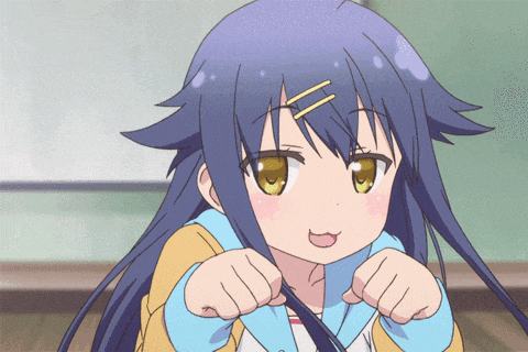 a girl with long blue hair and yellow eyes is making a funny face