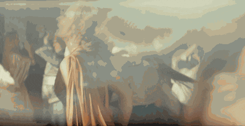 a painting of a woman with long blonde hair and a white dress