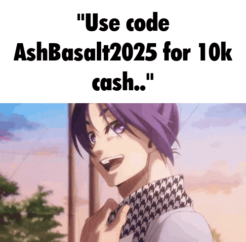 a man with purple hair is smiling with the words " use code ashbasalt2025 for 10k cash " below him