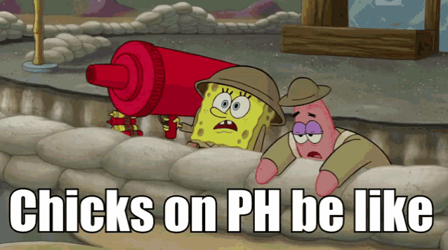 a cartoon of spongebob and patrick looking through a telescope with the caption " chicks on ph be like "