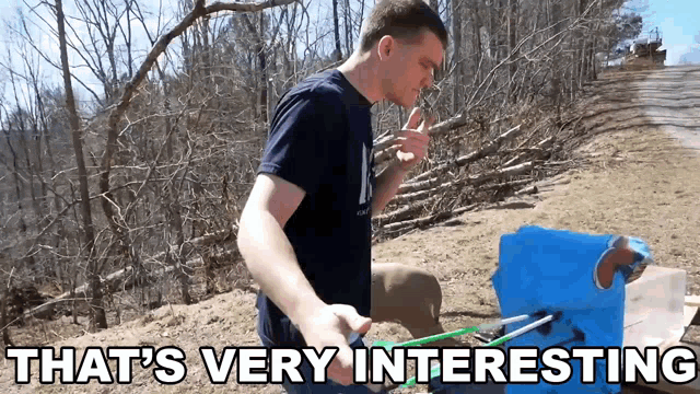 a man smoking a cigarette with the words " that 's very interesting " below him