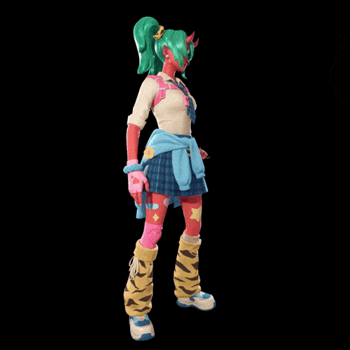 a girl with green hair and pink gloves is wearing a blue skirt