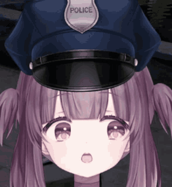 a girl with purple hair wearing a blue police hat