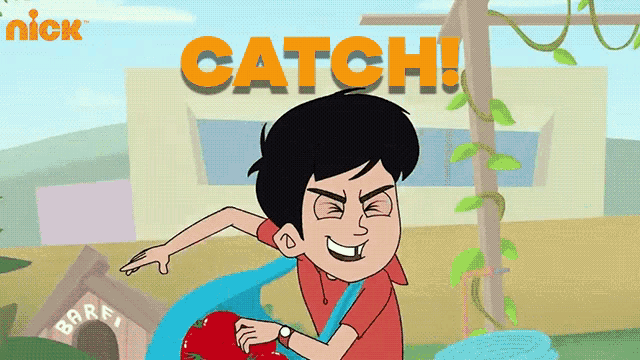 a cartoon of a boy with the word catch on the top