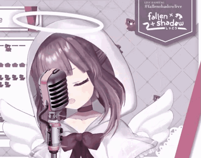 a girl singing into a microphone with fallen + shadow written on the bottom