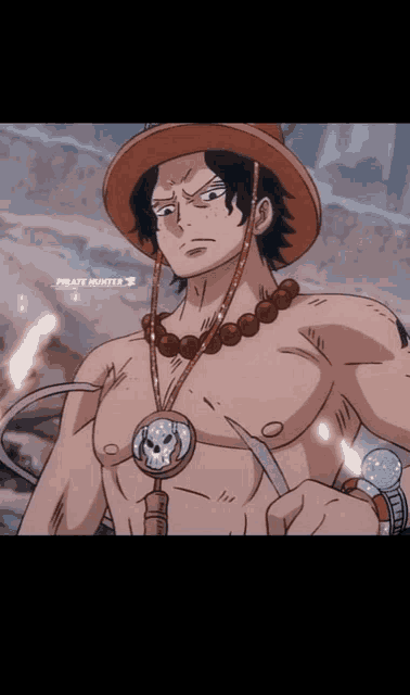 a drawing of a man wearing a hat and a necklace with the word pirate hunter on the bottom