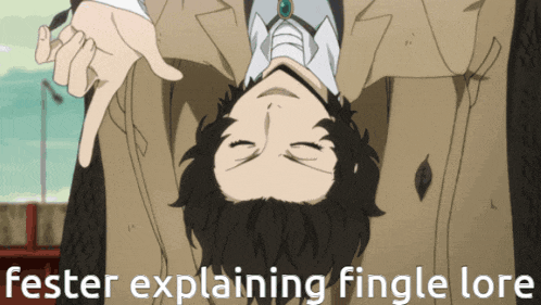 a cartoon of a man giving a thumbs down with the words " fester explaining fingle lore " below him