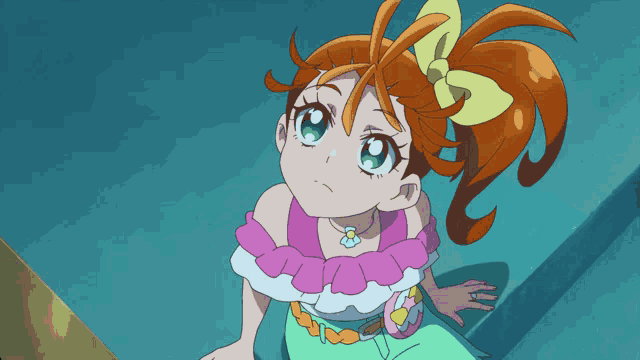 a girl with orange hair and a yellow bow is looking up