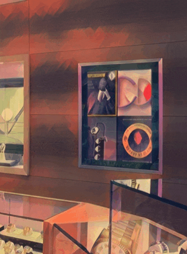 a painting of a jewelry store with a picture of a watch that says tiffany & co.