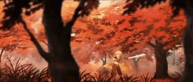 a person is holding a sword in a forest surrounded by trees