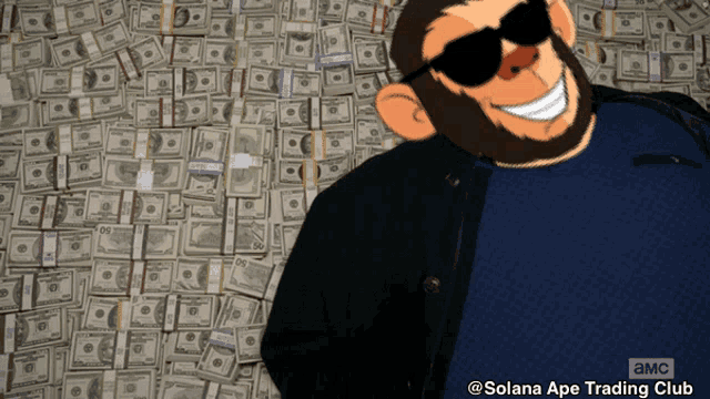 a cartoon of a man standing in front of a pile of money with the words solana ape trading club on the bottom