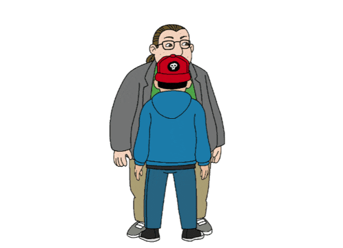 a cartoon of two men standing next to each other one wearing a red hat with a skull and crossbones on it