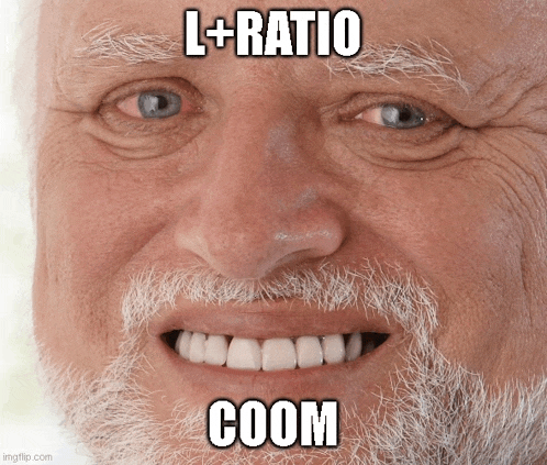 an older man with a beard is smiling with the words l + ratio coom on his face
