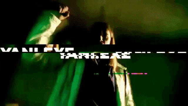 a man in a green jacket is standing in front of a green screen that says vani evp yankee