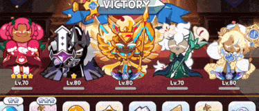 a group of cookie run characters are standing next to each other in a room with a banner that says victory .