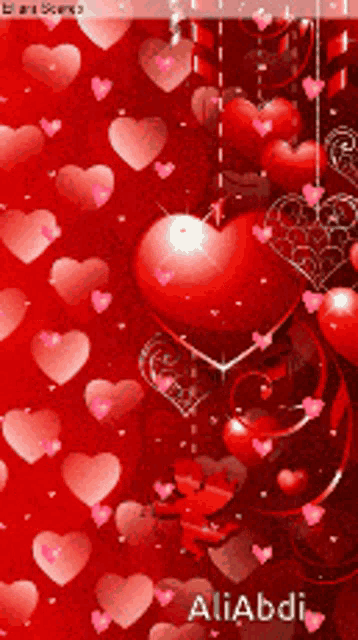 a red background with pink hearts and the name aliabdi