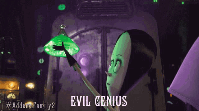 a poster for addams family 2 shows a cartoon character holding a green lamp