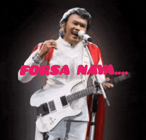 a man singing into a microphone while holding a white guitar with the words forsa naya written in pink