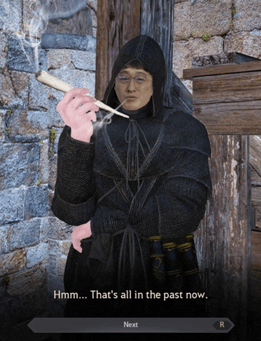 a man in a hooded robe is smoking a cigarette and says " hmm that 's all in the past now "