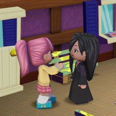 two dolls are standing next to each other in a bedroom
