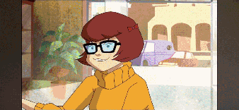 a cartoon character with glasses and a yellow sweater is smiling