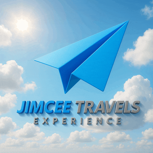 the logo for jimcee travels experience with a blue paper airplane