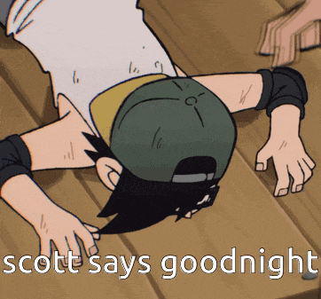 a cartoon of a boy laying on his back with the words scott says goodnight above him