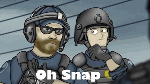 two cartoon soldiers are standing next to each other with the words oh snap below them