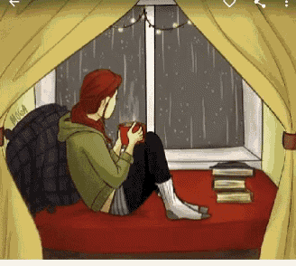 a drawing of a woman sitting in front of a window drinking a cup of coffee