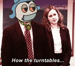 a man in a suit and tie stands next to a woman with the words how the turntables written below him