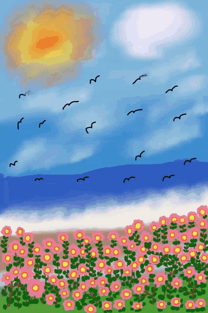 a drawing of birds flying over a field of pink flowers