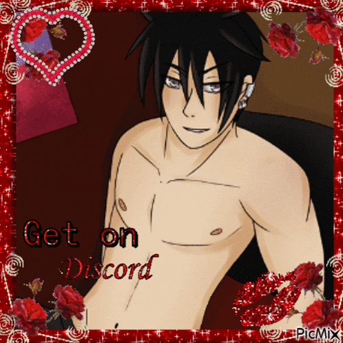 a picture of a shirtless anime character with the words " get on discord "