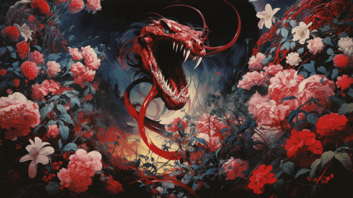a painting of a snake surrounded by flowers with its mouth open