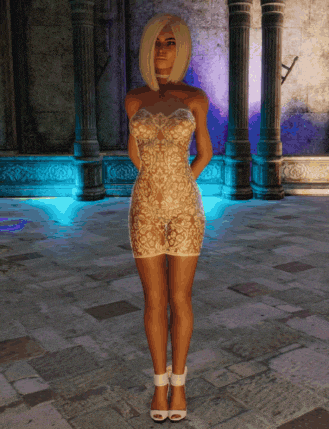 a woman in a white lace dress and white shoes