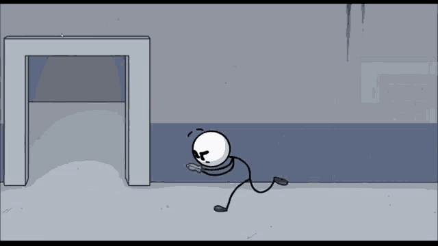 a cartoon of a stick figure with a gun in a room