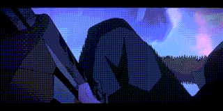 a pixel art of a person holding a gun in front of a mountain range .