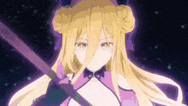 a blonde anime girl with long hair is holding a purple sword in her hand .