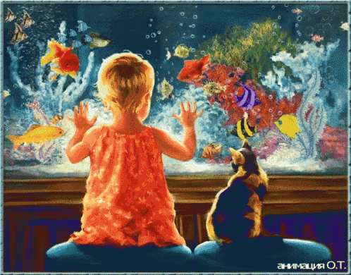 a painting of a little girl looking at a fish tank