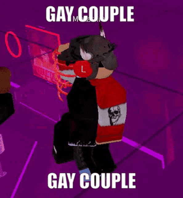 a cartoon character with horns and a red shirt says gay couple gay couple